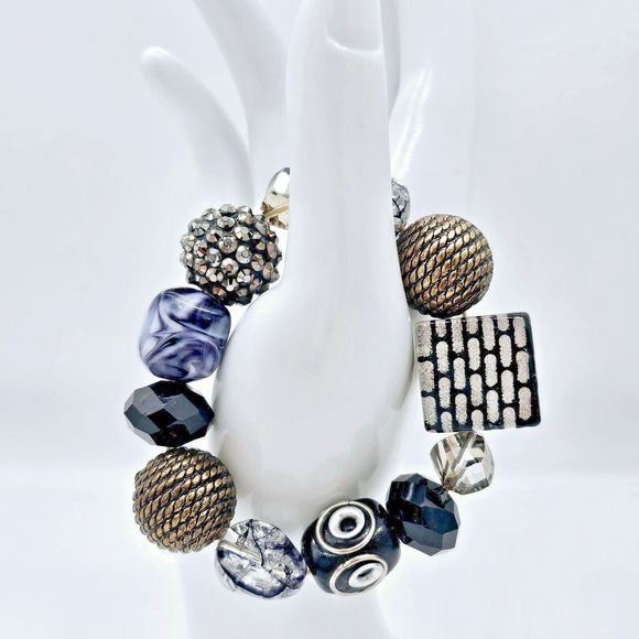 Subway Bling Bracelet Stretch Modern Art Glass Metal Beaded Rhinestone Jewelry - Picture 3 of 8